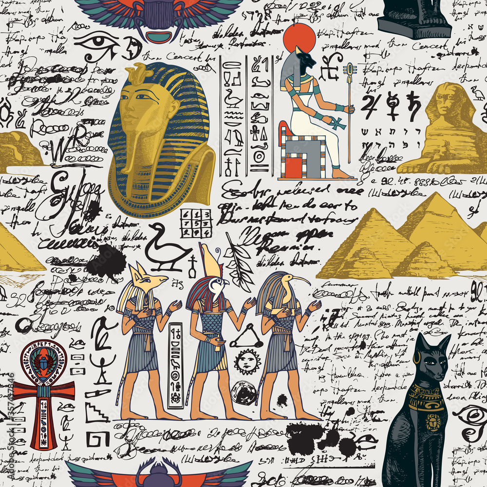 Poster seamless pattern on an ancient egypt theme with color images of egyptian gods and unreadable scribbl