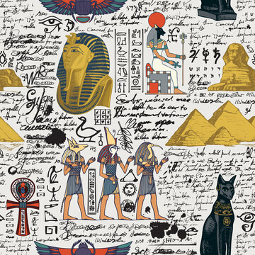 Seamless pattern on an Ancient Egypt theme with color images of Egyptian gods and unreadable scribbles in retro style. Vector abstract background. Suitable for Wallpaper, wrapping paper, fabric