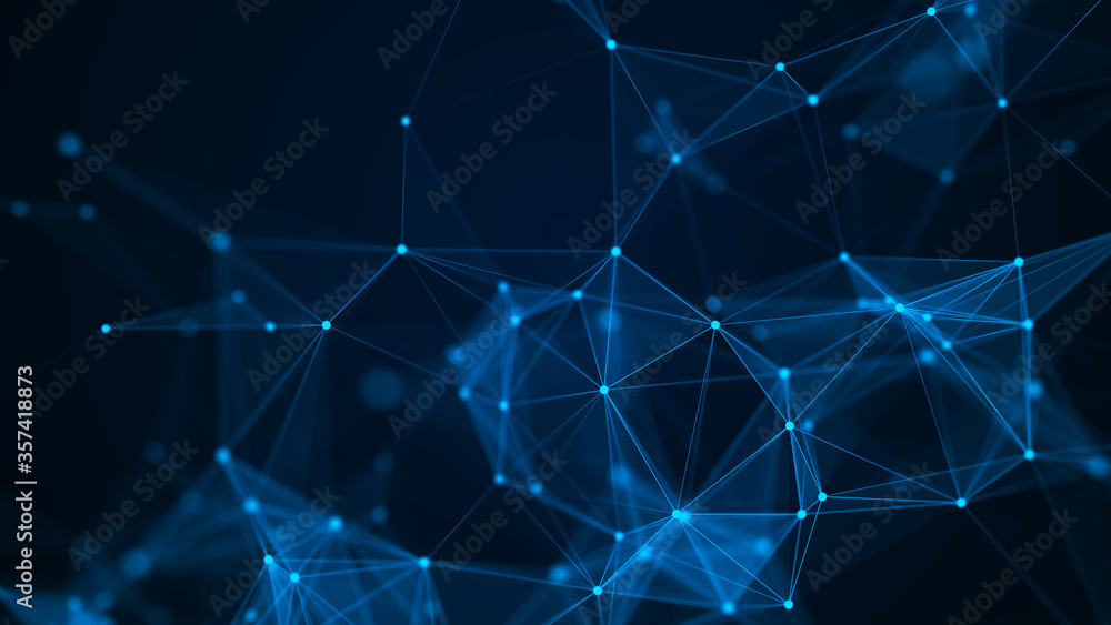 Poster The distribution of triangular shapes in space. Network connection structure. Big data digital background. 3D rendering.