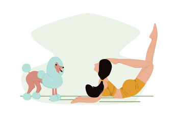 Full lenght woman yoga exercise with pet dog. (Puddle) At Home studio. Vector
