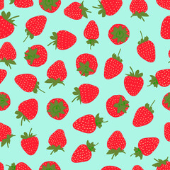 Seamless pattern with strawberries on a turquoise background. Cute bright vector illustration for textiles and decor.
