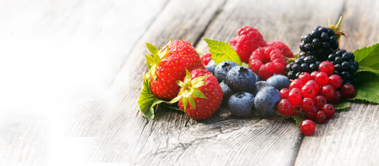 Variety of fresh berries on wood, banner, header, headline