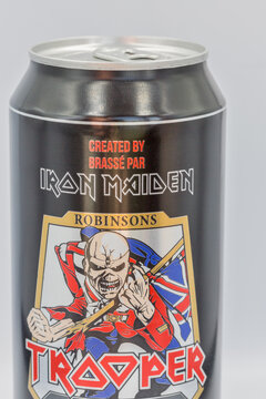 Iron Maiden Trooper beer can closeup against white bacground.