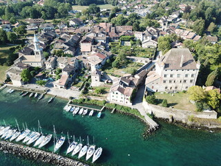 4k photo medieval city on the Geneva Lake, Yvoire, Haute-Savoie, France, Europe, drone Aerial View
