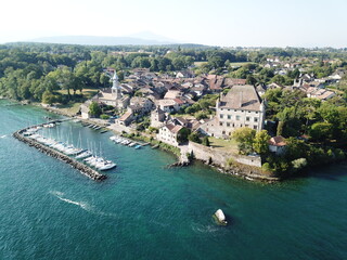 Fototapeta na wymiar 4k photo medieval city on the Geneva Lake, Yvoire, Haute-Savoie, France, Europe, drone Aerial View