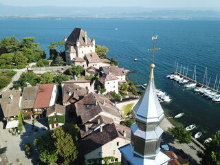 4k photo medieval city on the Geneva Lake, Yvoire, Haute-Savoie, France, Europe, drone Aerial View