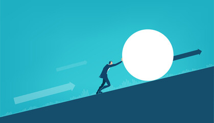 Businessman pushing up the hill big ball, working alone, solving the problem, pushing new business, start up forward 