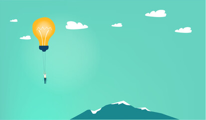 People flying with hot air ballon, light bulb. Start up, change, risk, thinking out of box
