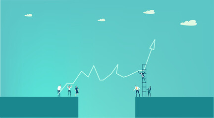Successful businessman stands hight up on the ladder and holding arrow up as symbol of business support, solving the problems and progressing with positive grows. Start up, developing business  © IRStone