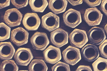 Metal bolts for background, top view, vintage
