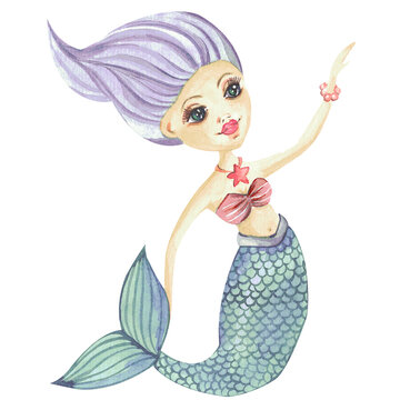 Watercolor cute little mermaid clipart Hand painted illustration of the underwater cartoon character background white