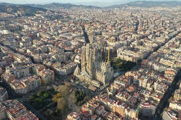 Obraz premium 4k photo Barcelona City Sagrada Familia drone Aerial view of Barcelona, Catalunya, Spain, Europe