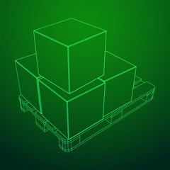 Cargo pallet for warehouse with stacked goods cardboard boxes. Logistics shipping concept. Wireframe low poly mesh vector illustration.