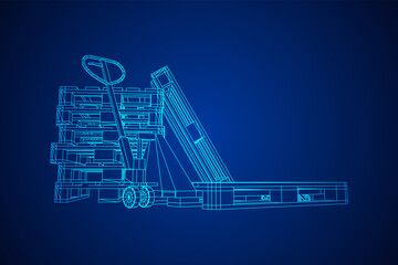 Hand pallet jack lift. Manual forklift with cargo pallet for warehouse. Logistics shipping concept. Wireframe low poly mesh vector illustration.