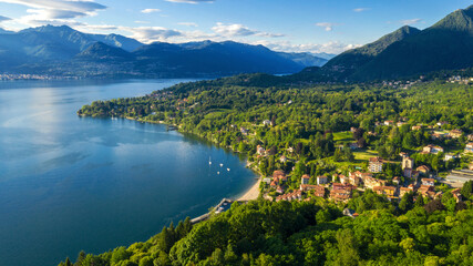 Aerial view of the hamlet of Reno in the municipality of Leggiuno. This small town is located on Lake Maggiore, near Varese, in Italy.
