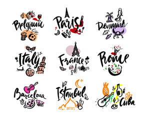 Naklejka premium Set of hand written calligraphic lettering European countries names with iconic elements. Isolated objects on white background. Vector illustration for banner, card design, poster, web.