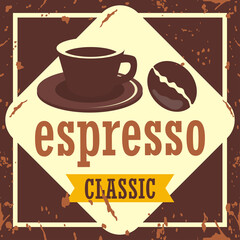 cup of coffee with coffee beans for coffee shop vintage poster. vector illustration