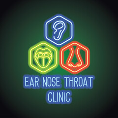 ear nose throat (ENT) neon sign plank for Otolaryngologists  clinic concept. vector illustration