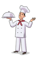 Chef in white uniform holding prepared dish on tray