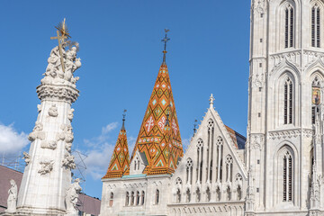 Facade view of Matthias Church on fisherman's Bastion on buda hill in Budapest winter morning