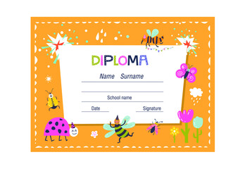 Diploma or certificate template for kids on colorful background with beetles and flowers for school, preschool or playschool. Vector illustration