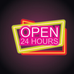 open  24 hours neon sign for your store and shop, vector illustration
