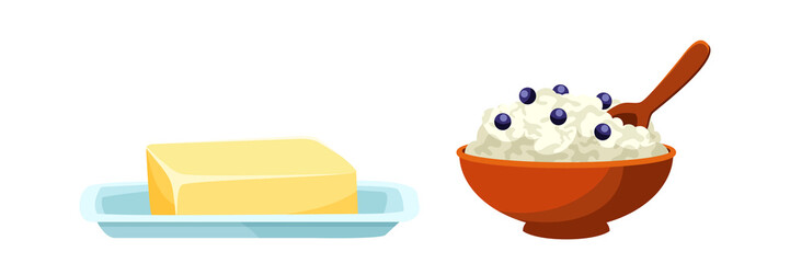 Cottage cheese with blueberries in a plate. Margarine or milk butter product