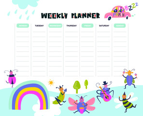 Vector weekly planner with insects in cartoon style and cute elements, flowers, trees. Organizer and schedule design template for kids. Funny bugs party illustration. 