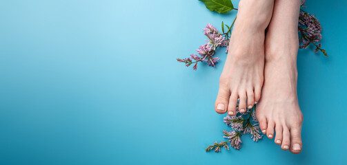 Beautiful women's feet with beige nail polish on a blue background with lilac flowers. Concept of foot care, summer pedicure. Top view and copy space