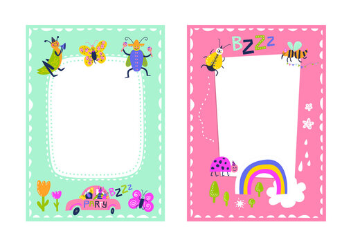 Frames set for baby's photo album, invitation, note book, postcard with cute beetles animals in cartoon style and elements. Butterfly, ladybug, rainbow, flowers. Cute frame, border