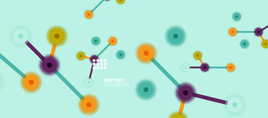 Flat style geometric abstract background, round dots or circle connections on color background. Technology network concept.