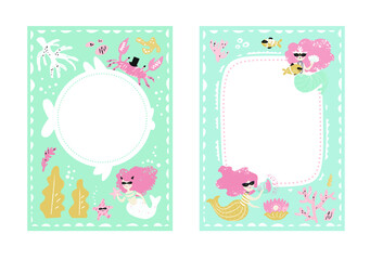Frames set for baby's photo album, invitation, note book, postcard with cute sea animals and mermaids in cartoon style and elements. Starfish, fish, shell, underwater background. Cute frame, border