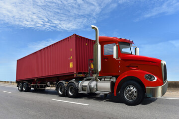 truck on the highway with container red color under blue sky