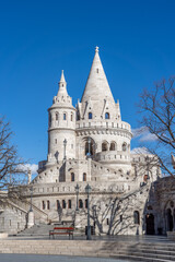 Fisherman's Bastion white castle in Budapest winter morning with blue sky