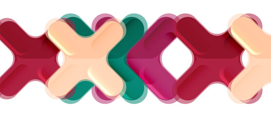 Glossy multicolored plastic style cross composition, x shape design, techno geometric modern abstract background. Trendy abstract layout template