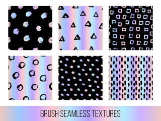 Colorful set of seamless free hand doodle textures, dry brush ink art on holographic background. Vector