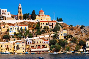 Greece, Symi island, view of the town of Symi.