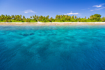 Beautiful beach nature. Exotic nature view, white sand, palm trees and amazing sea. Summer holiday and vacation concept background. Inspirational tropical landscape coral reef and amazing ocean water
