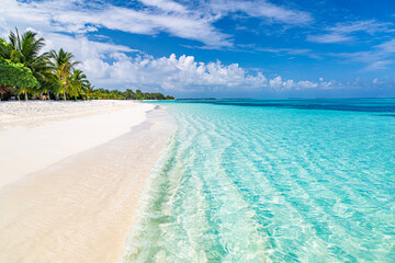 Relax island nature, sea sand sky. Tranquil beach scene. Exotic tropical beach landscape background or wallpaper. Surf of summer vacation holiday concept. Luxury travel beach, resort hotel landscape