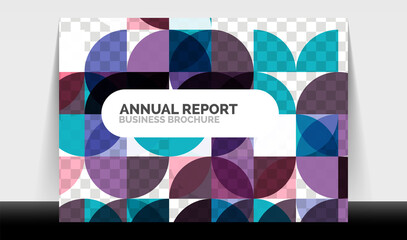 Horizontal A4 business flyer annual report template, circles and triangle style shapes modern geometric design for brochure layout, magazine or booklet