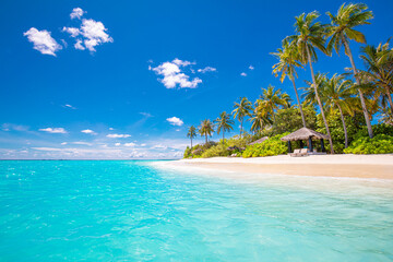 Relax island nature, sea sand sky. Tranquil beach scene. Exotic tropical beach landscape background...