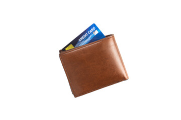 Wallet is made of brown leather and credit card isolated on white background