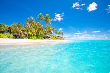 Relax island nature, sea sand sky. Tranquil beach scene. Exotic tropical beach landscape background or wallpaper. Surf of summer vacation holiday concept. Luxury travel beach, resort hotel landscape