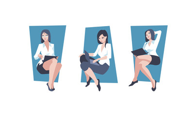 Three women in office outfits working on laptops in different angles and poses. Elegant lady in office dress code. Businesswoman, secretary or assistant poses with attractive legs. 