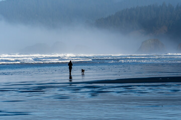 A silhouette of a young woman walking her dog on the beach, reflected in the wet sand in  Canon Beach, Oregon