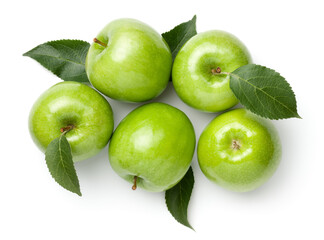 Granny Smith Apples With Leaves Isolated