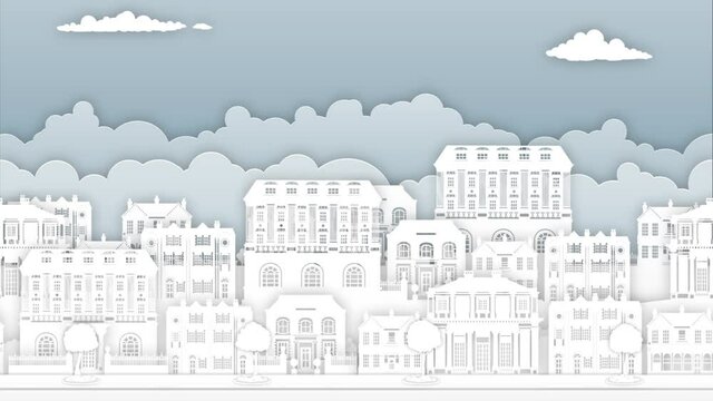 A seamlessly parallax scrolling looping background animation of a street of mansion style houses and other city building such as shops. In a paper craft cut layered style