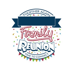 Family reunion icon design, round format, stamp style. An element to include on cards, invitations for family reunions. Family name is to be included over the ribbon on top.