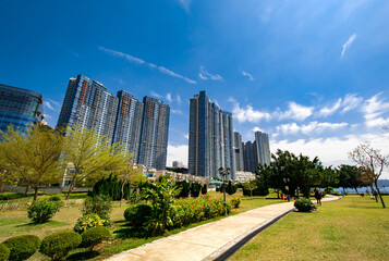 Obraz premium Waterfront park and Middle-class residential area in Cyberport, Hong Kong