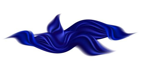 Blue silk wavy ribbon, decorative design element isolated on white background. Deep blue satin swirl. Vector illustration
